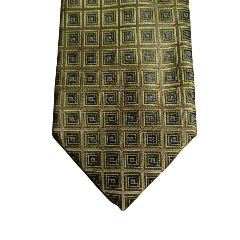 GEOFFREY BEENE 100% Silk Light Green Blue Square Geometric Print Tie